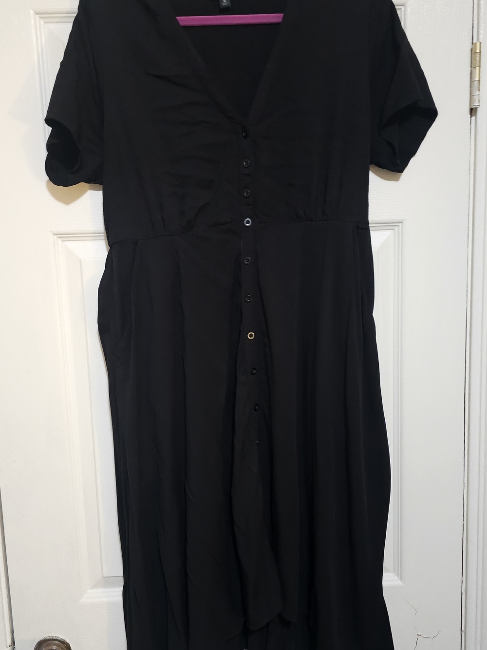 Button-Front Black High-Low Dress with V-Neck - Picture 2 of 2